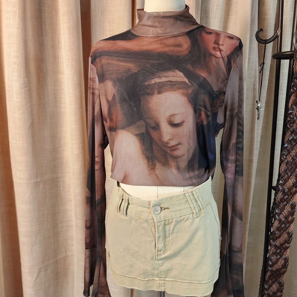 She's So Fresh Renaissance Art Print Mesh Mock Neck Top XL Y2K Sheer